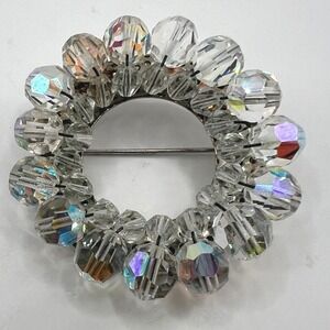 Vintage Clear‎ Crystal Brooch Round Faceted Beaded Pin